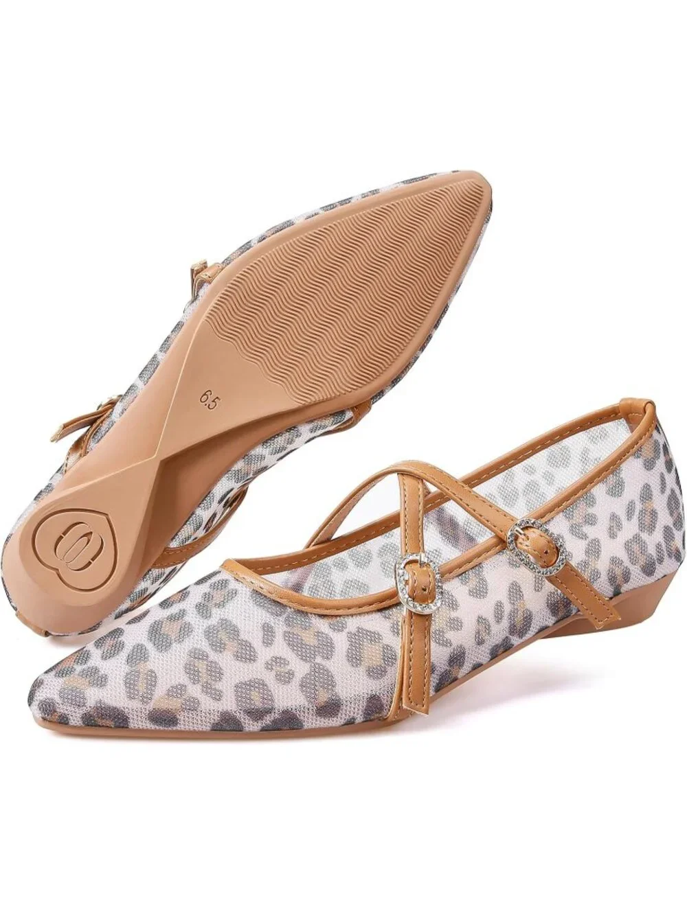 Women's Brown Leopard Mesh Flats Cross Ankle Strap Flat Slip On Comfortable - Picture 7 of 7
